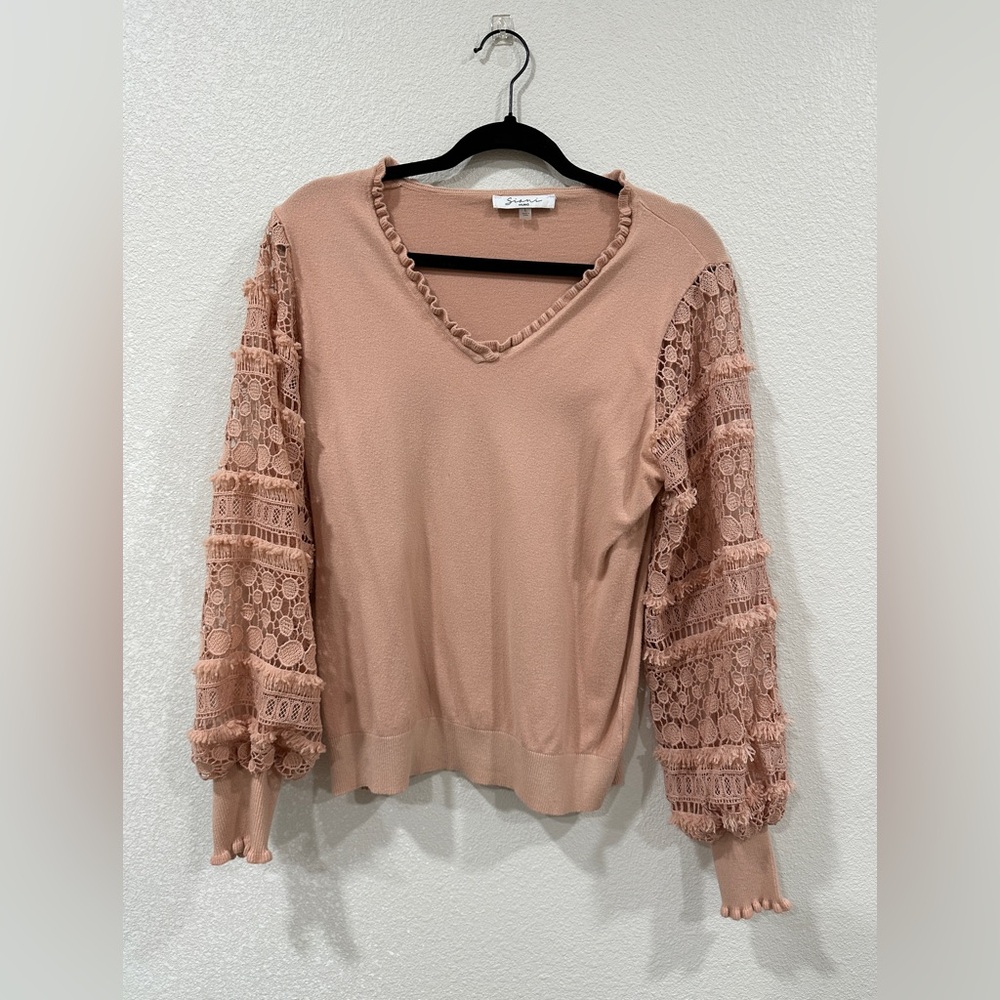 Sioni Milano Lettuce Trim Neck Sheer Lace Knit Sleeves Sweater size large